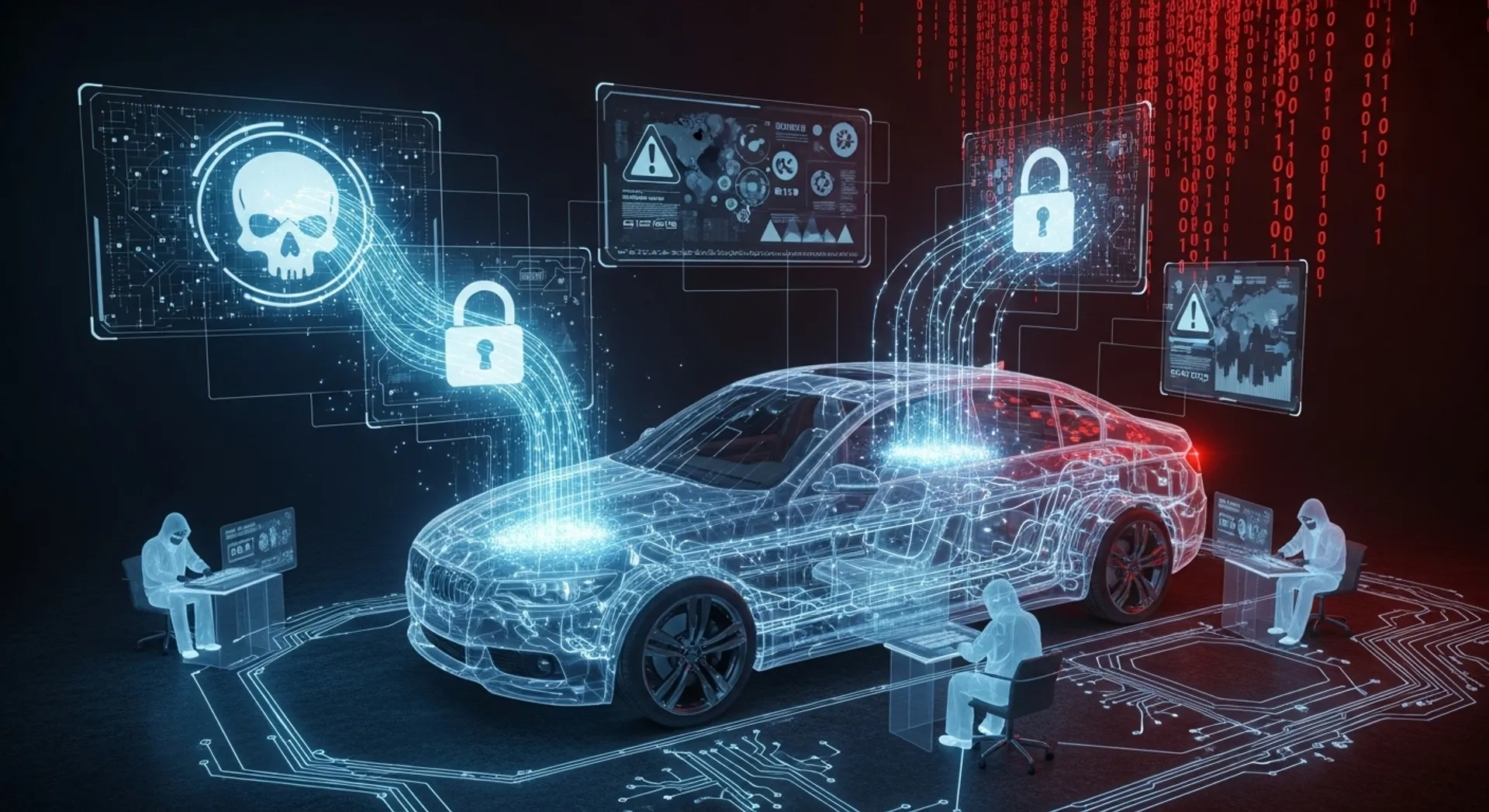 Connected car cybersecurity threats showing vehicle hacking risks and digital security