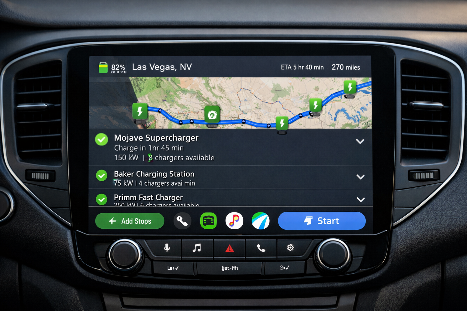 Android Auto EV trip planning screen displaying route and charging stations