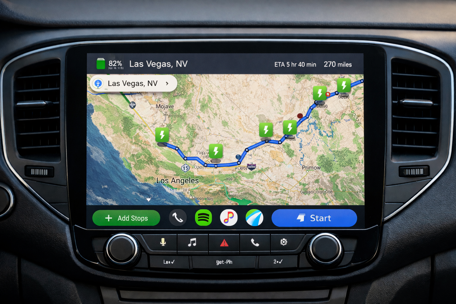 EV charger locations shown on Android Auto map for trip planning