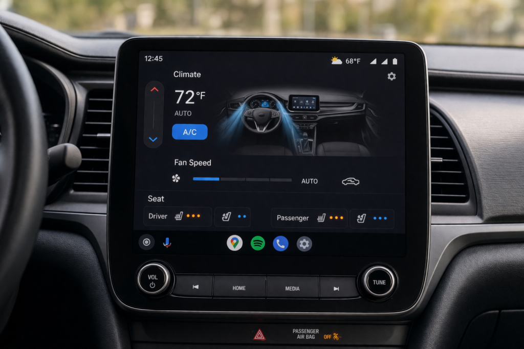 Electric vehicle driver using Android Auto’s EV features on a road journey