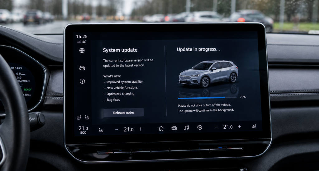 Car receiving over-the-air software update with digital interface on screen
