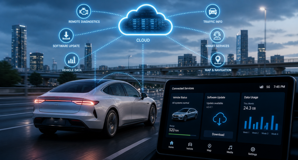 Connected car system showing cloud data integration and smart vehicle technology