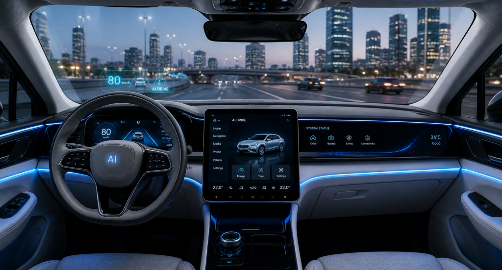 Future smart car interior with AI driving interface and digital controls