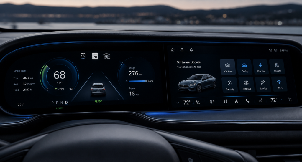 Modern car digital dashboard showing software-defined vehicle interface and controls