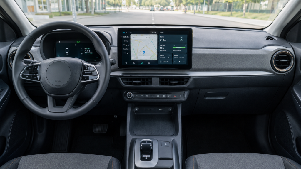 Interior dashboard of a budget electric car showing connected features