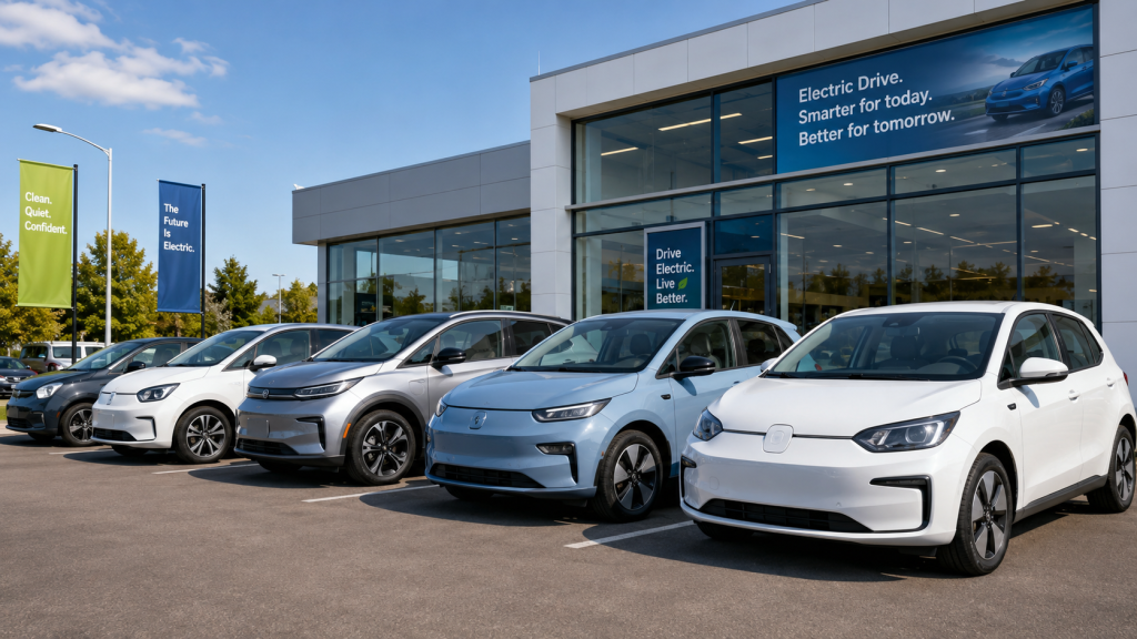 Lineup of compact affordable electric cars at a dealership