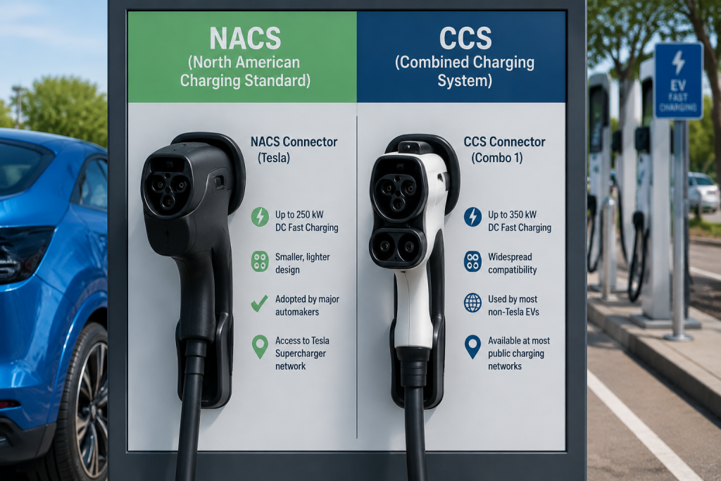 Comparison of NACS and CCS EV charging connectors at public charging station