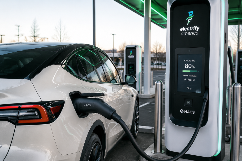 Electric vehicle using NACS charging connector at modern fast charging station