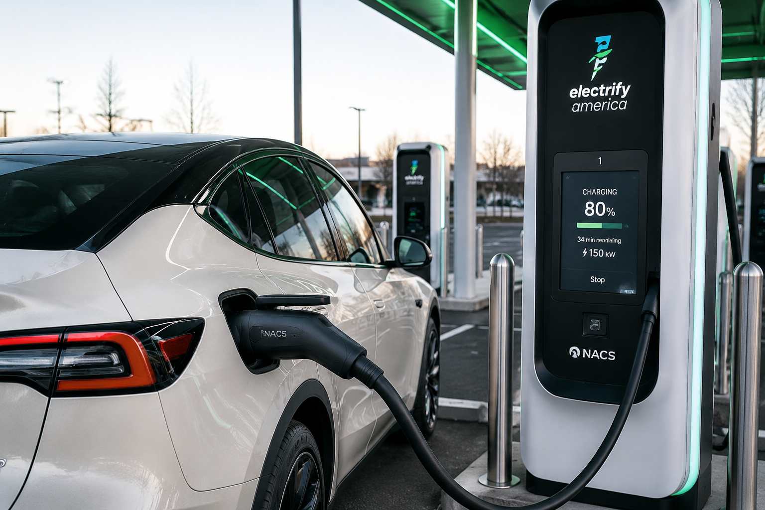 Electric vehicle using NACS charging connector at modern fast charging station