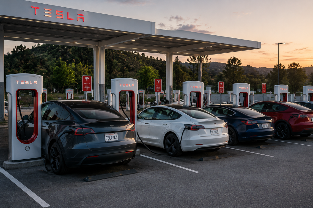 Tesla Supercharger station with multiple electric vehicles charging using NACS standard