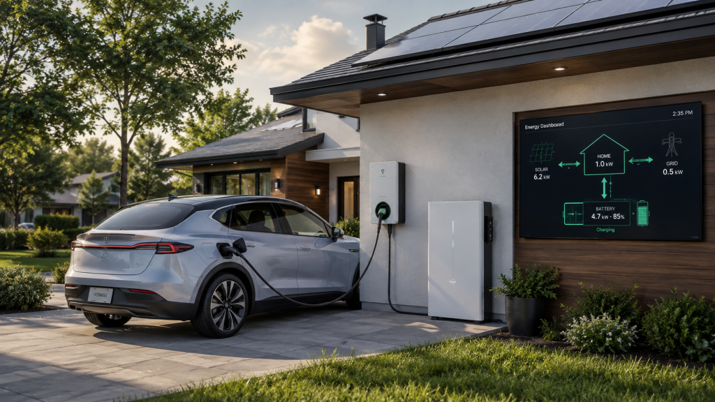 Electric vehicle connected to home energy system using vehicle-to-grid technology