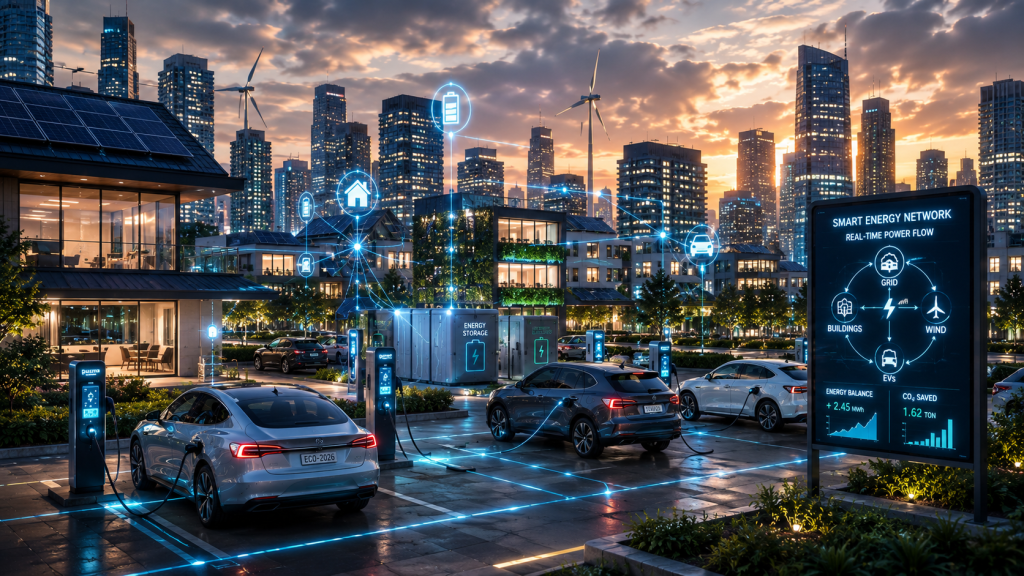 Smart city with electric vehicles connected to advanced energy grid infrastructure