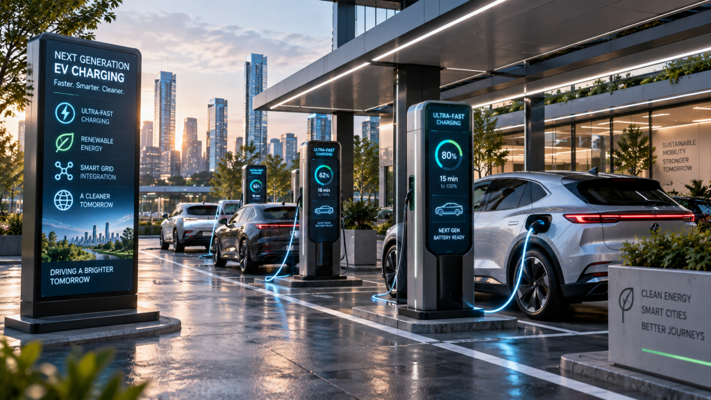 Future electric vehicle charging station designed for advanced battery technology