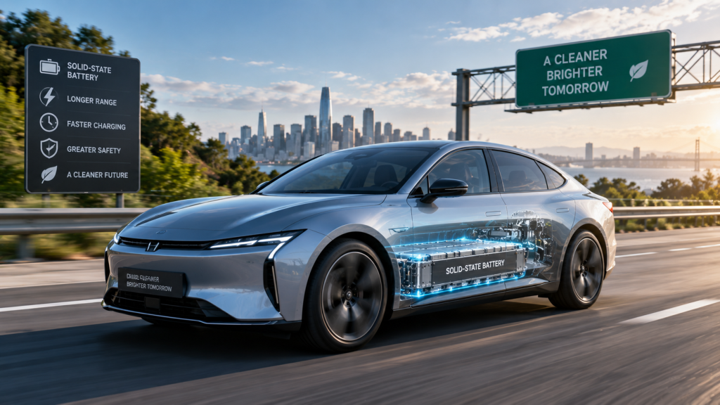 Future electric vehicle with advanced solid-state battery technology driving on road