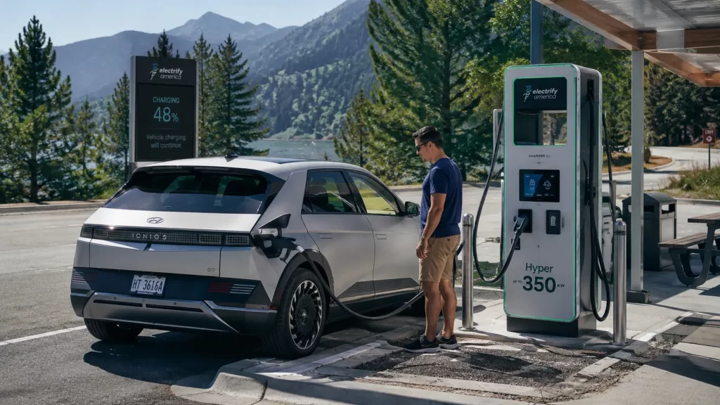 Electric crossover plugged into a public EV fast charging station