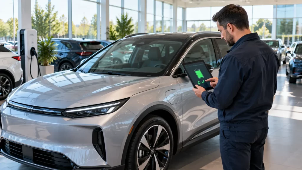 Used electric SUV at dealership with technician reviewing battery condition on tablet
